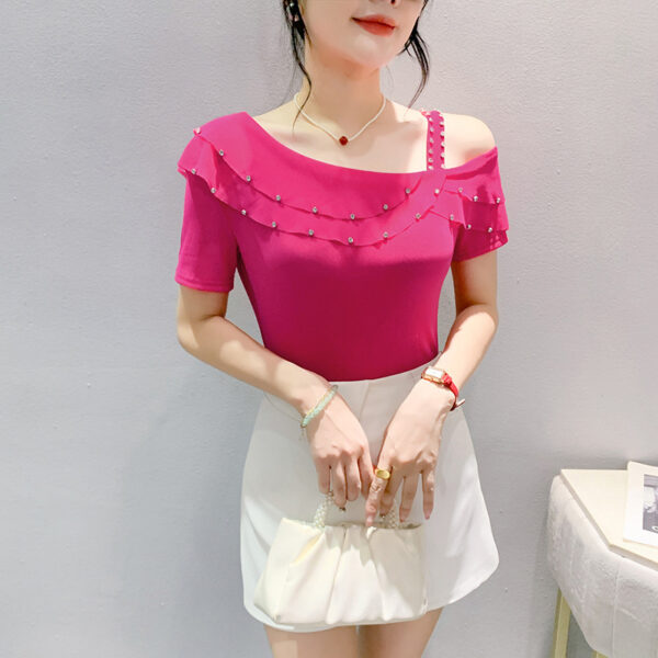 Ruffled Short Sleeves Off-the-shoulder Filamentation Top - Image 2