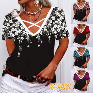 Loose V-neck Cross Printed T-shirt Women's Clothing