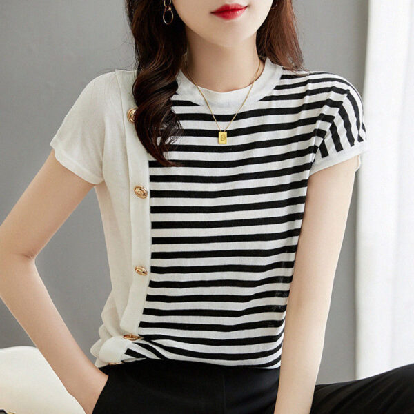 Round Neck Black And White Striped T-shirt For Women - Image 2