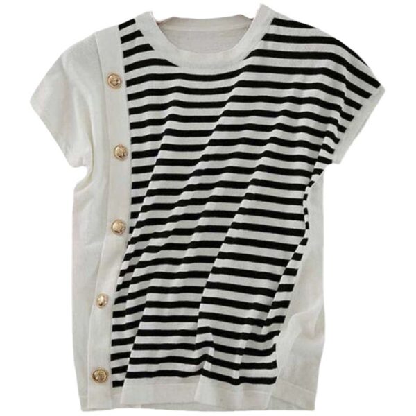 Round Neck Black And White Striped T-shirt For Women - Image 3