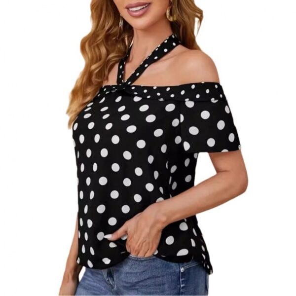 Polka Dot Off-shoulder Ribbon Halter Shirt Top For Women - Image 2