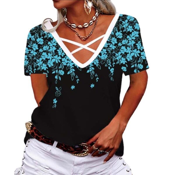 Loose V-neck Cross Printed T-shirt Women's Clothing - Image 8