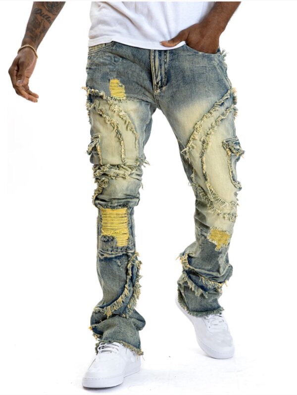 Men's Patchwork Fringe Slightly Flared Stretch Jeans - Image 6
