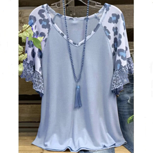 Waffle V-neck Leopard Print Stitching Casual Half Sleeve T-shirt Top - Image 8