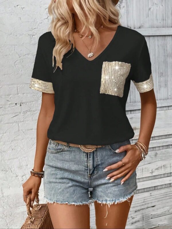 Pocket V-neck Patchwork Top T-shirt Casual T Short Sleeve - Image 2