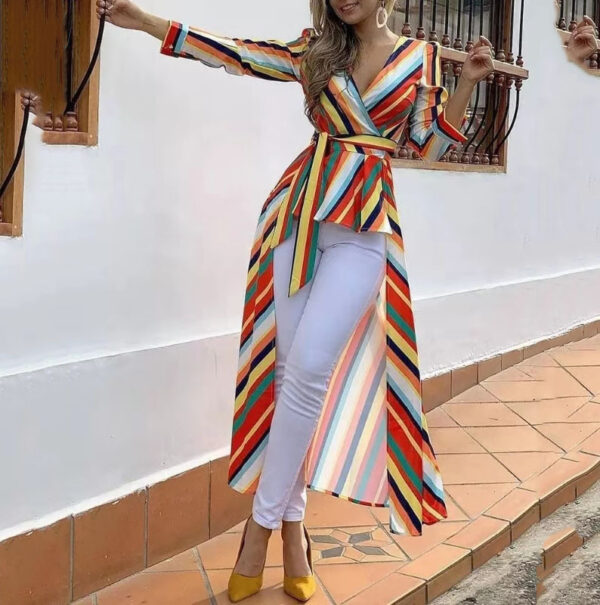 Rainbow Stripes Deep V-neck Slim-fit Front Short Back Large Coat - Image 5