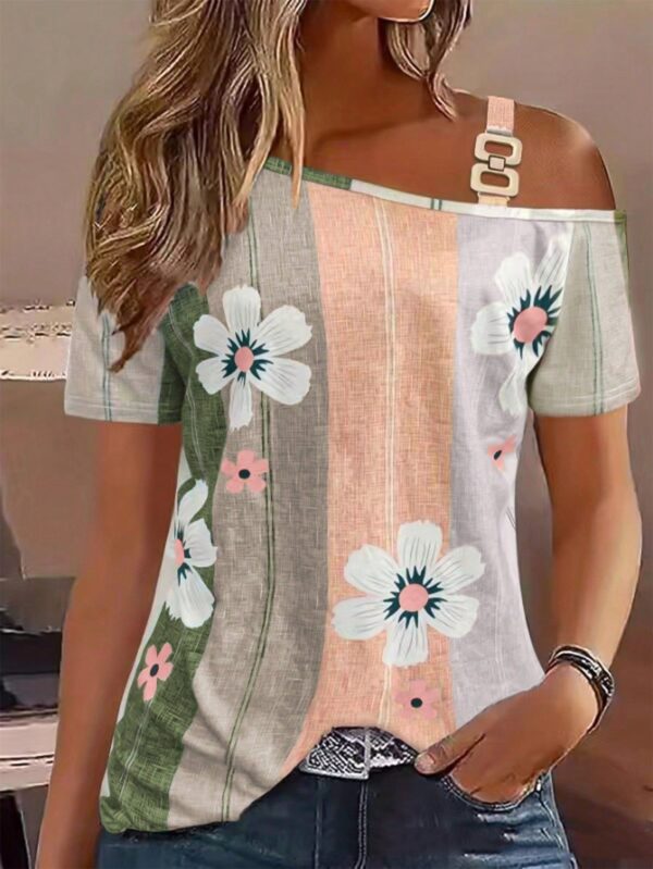 Shoulder-baring Flower Print Button Knitted Short-sleeved T-shirt - Image 5