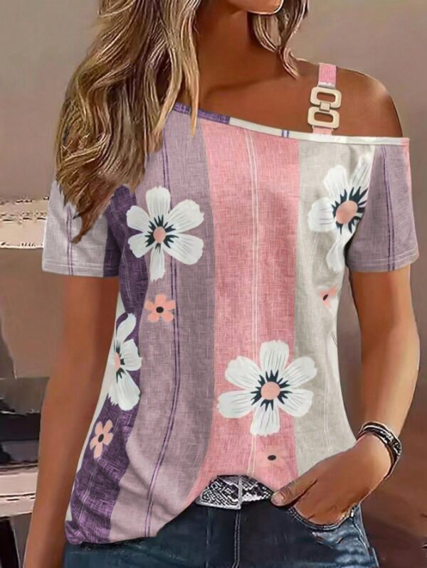Shoulder-baring Flower Print Button Knitted Short-sleeved T-shirt - Image 4