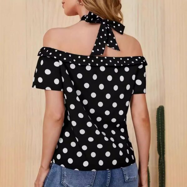 Polka Dot Off-shoulder Ribbon Halter Shirt Top For Women - Image 4