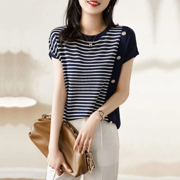 Round Neck Black And White Striped T-shirt For Women - Image 4