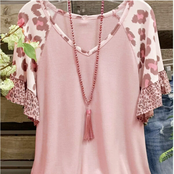 Waffle V-neck Leopard Print Stitching Casual Half Sleeve T-shirt Top - Image 2