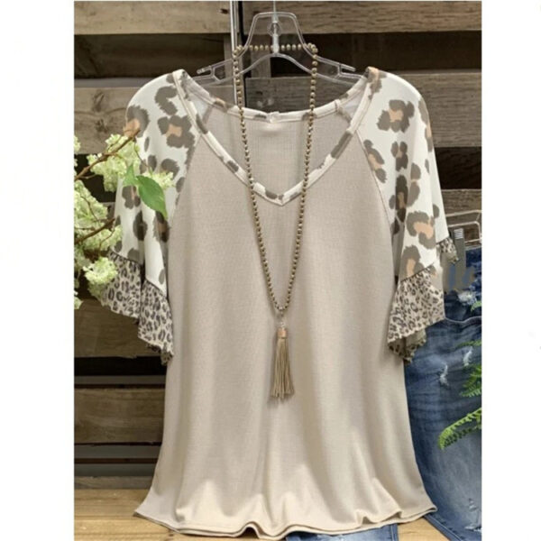 Waffle V-neck Leopard Print Stitching Casual Half Sleeve T-shirt Top - Image 7