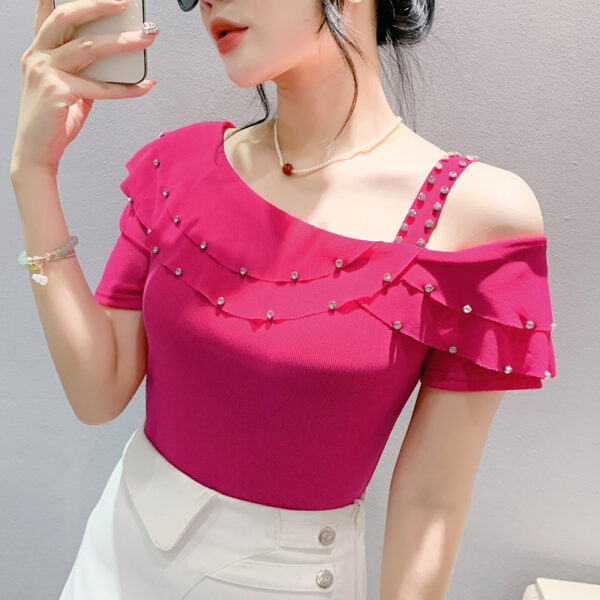 Ruffled Short Sleeves Off-the-shoulder Filamentation Top - Image 8