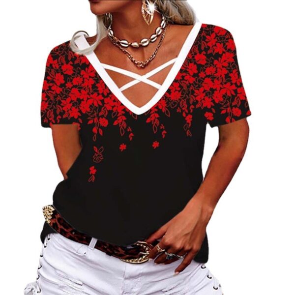 Loose V-neck Cross Printed T-shirt Women's Clothing - Image 9