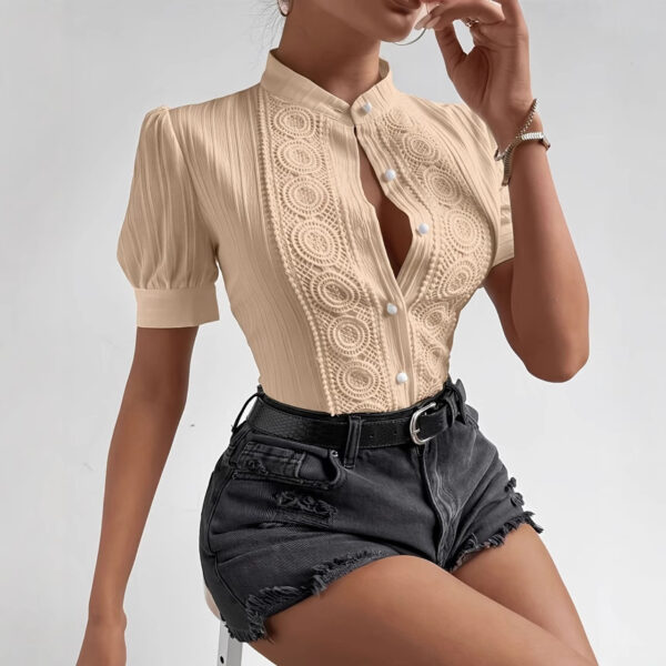European And American Lace Patchwork Stand-up Collar Women's Top - Image 3