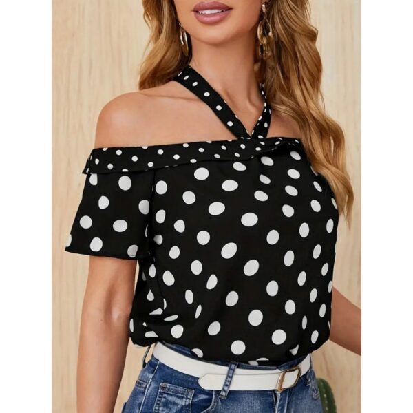 Polka Dot Off-shoulder Ribbon Halter Shirt Top For Women - Image 3