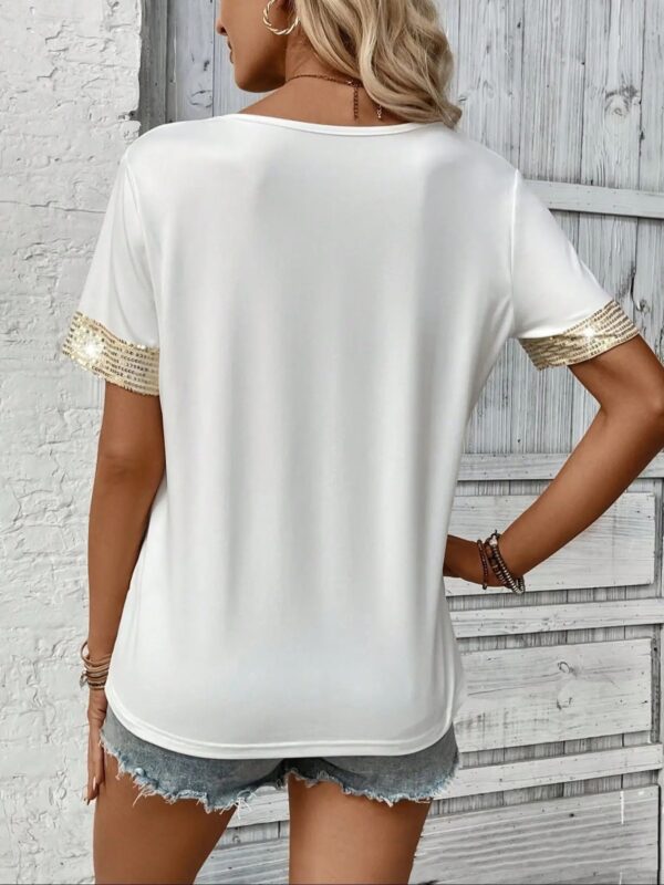 Pocket V-neck Patchwork Top T-shirt Casual T Short Sleeve - Image 3