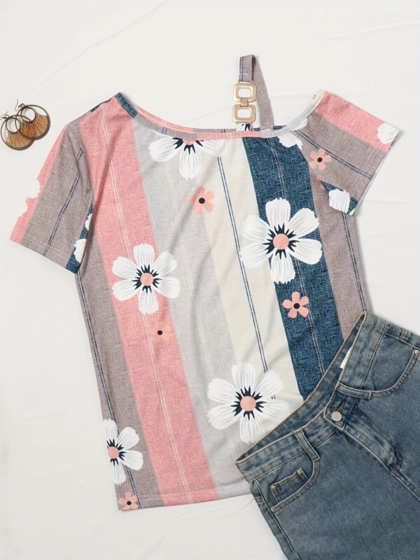 Shoulder-baring Flower Print Button Knitted Short-sleeved T-shirt - Image 6