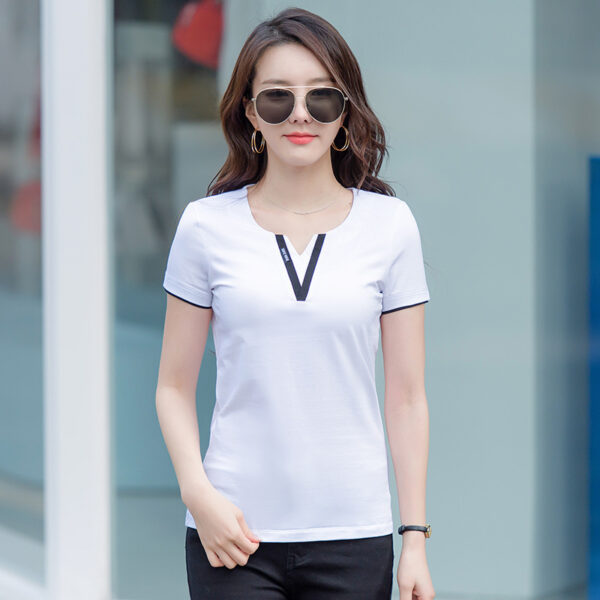 Early Spring And Summer Short-sleeved Undershirt V-neck Patchwork Fashion - Image 6