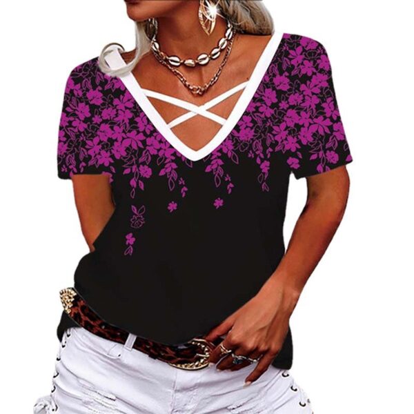 Loose V-neck Cross Printed T-shirt Women's Clothing - Image 2