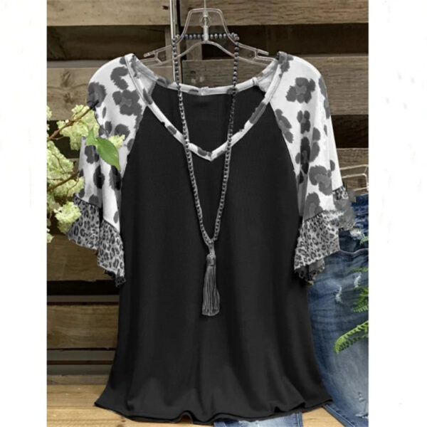 Waffle V-neck Leopard Print Stitching Casual Half Sleeve T-shirt Top - Image 4