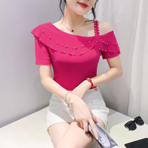 Ruffled Short Sleeves Off-the-shoulder Filamentation Top - Image 5