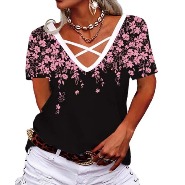 Loose V-neck Cross Printed T-shirt Women's Clothing - Image 7