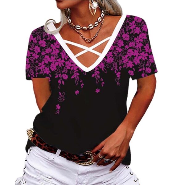 Loose V-neck Cross Printed T-shirt Women's Clothing - Image 5