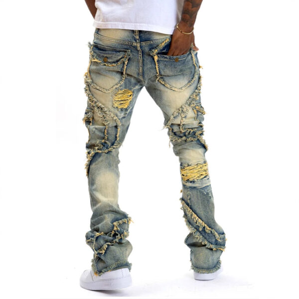 Men's Patchwork Fringe Slightly Flared Stretch Jeans - Image 5