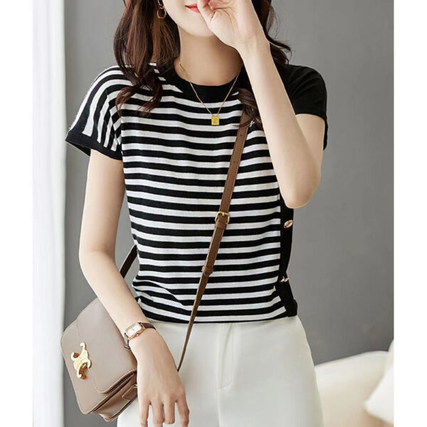 Round Neck Black And White Striped T-shirt For Women - Image 5
