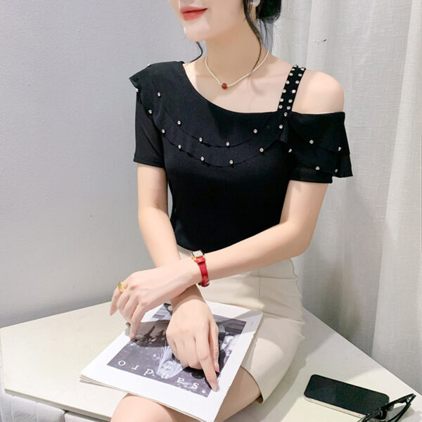 Ruffled Short Sleeves Off-the-shoulder Filamentation Top - Image 3