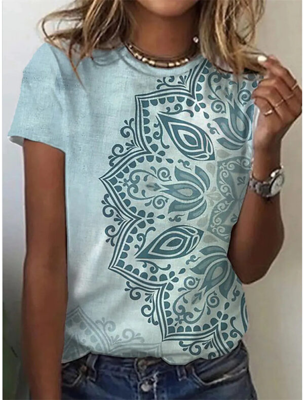 Geometric Retro Printed Round Neck Short Sleeve T-shirt Women's Top - Image 10