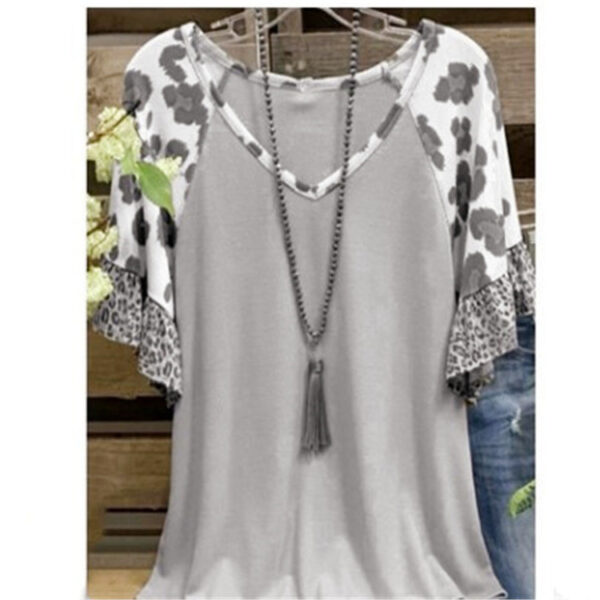 Waffle V-neck Leopard Print Stitching Casual Half Sleeve T-shirt Top - Image 10