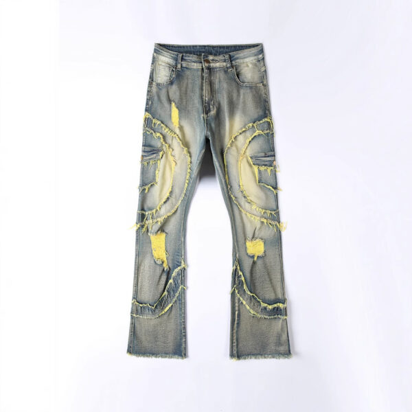 Men's Patchwork Fringe Slightly Flared Stretch Jeans - Image 3
