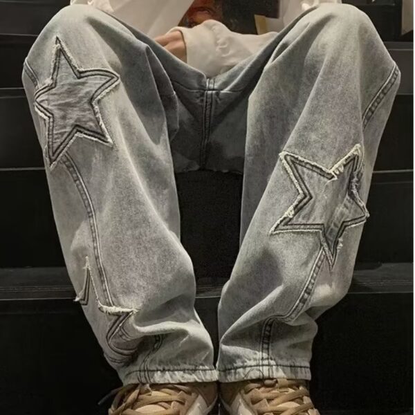 Star Embroidery Straight Casual Men Jeans Gothic Neutral New Wide Leg Loose Hip-hop Fashion Youth Streetwear Denim Trousers Y2K - Image 4