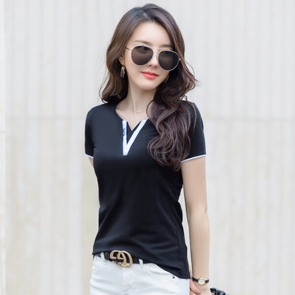 Early Spring And Summer Short-sleeved Undershirt V-neck Patchwork Fashion - Image 7