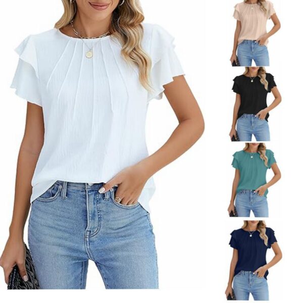 Summer Pleated Short Sleeve Round Neck Top Business Work Shirt - Image 2